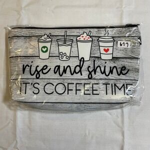The Pouch Cosmetic Bag Women Small White NWT Rise and Shine Coffee Time Pouch